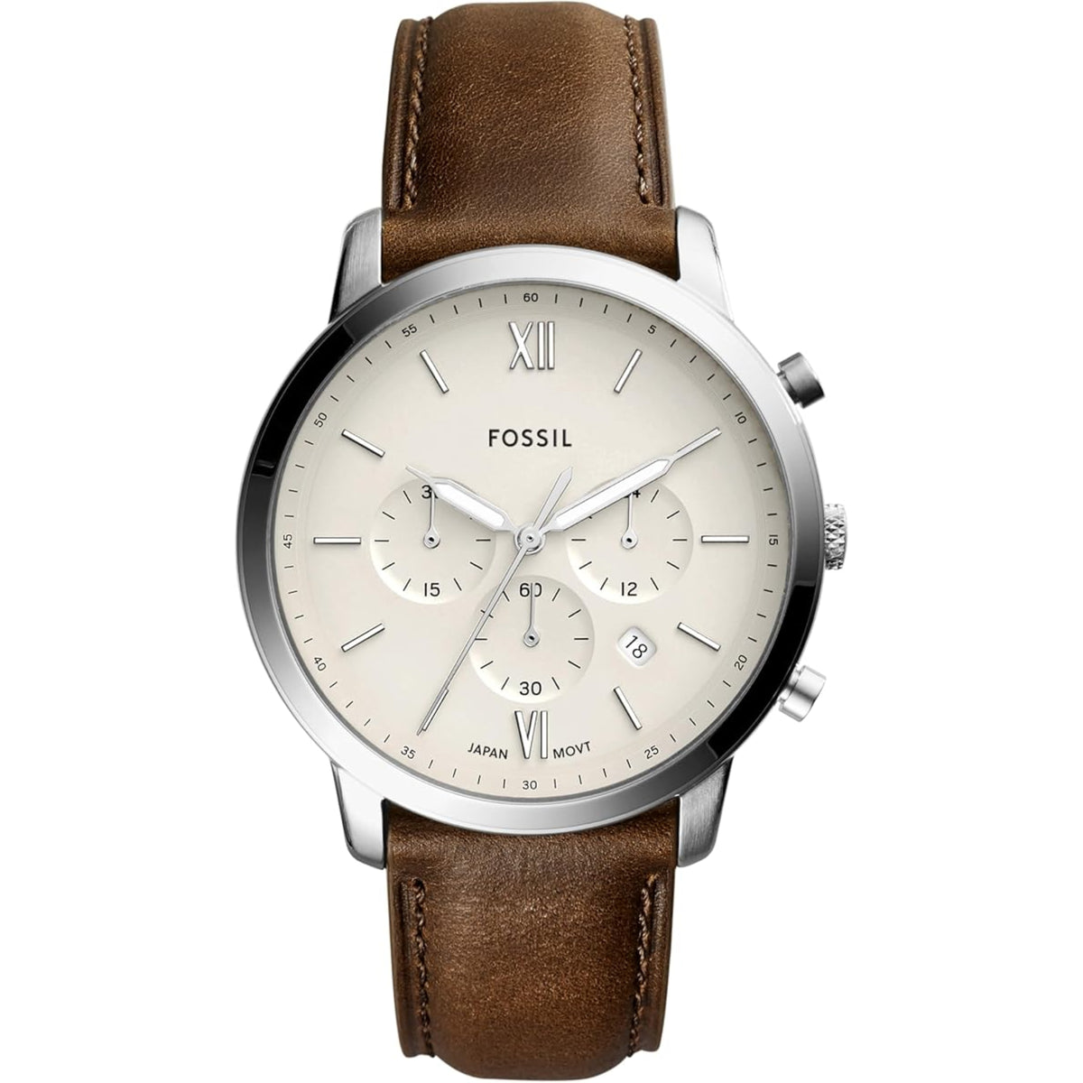 Front view of the Fossil Neutra FS5380 chronograph watch featuring a cream dial, sub-dials, silver Roman numeral indices, date window, and brown leather strap