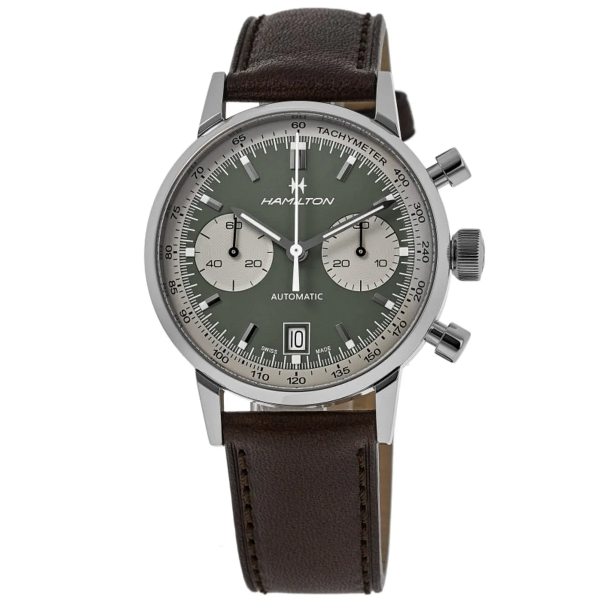 Hamilton automatic chronograph watch with green dial and brown leather strap