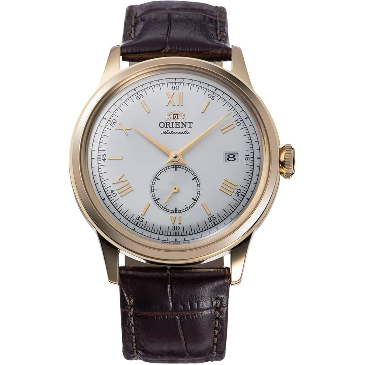 Front view of the Orient Bambino 38mm watch featuring a gold-tone case, white dial, Roman numeral markers, and brown leather strap