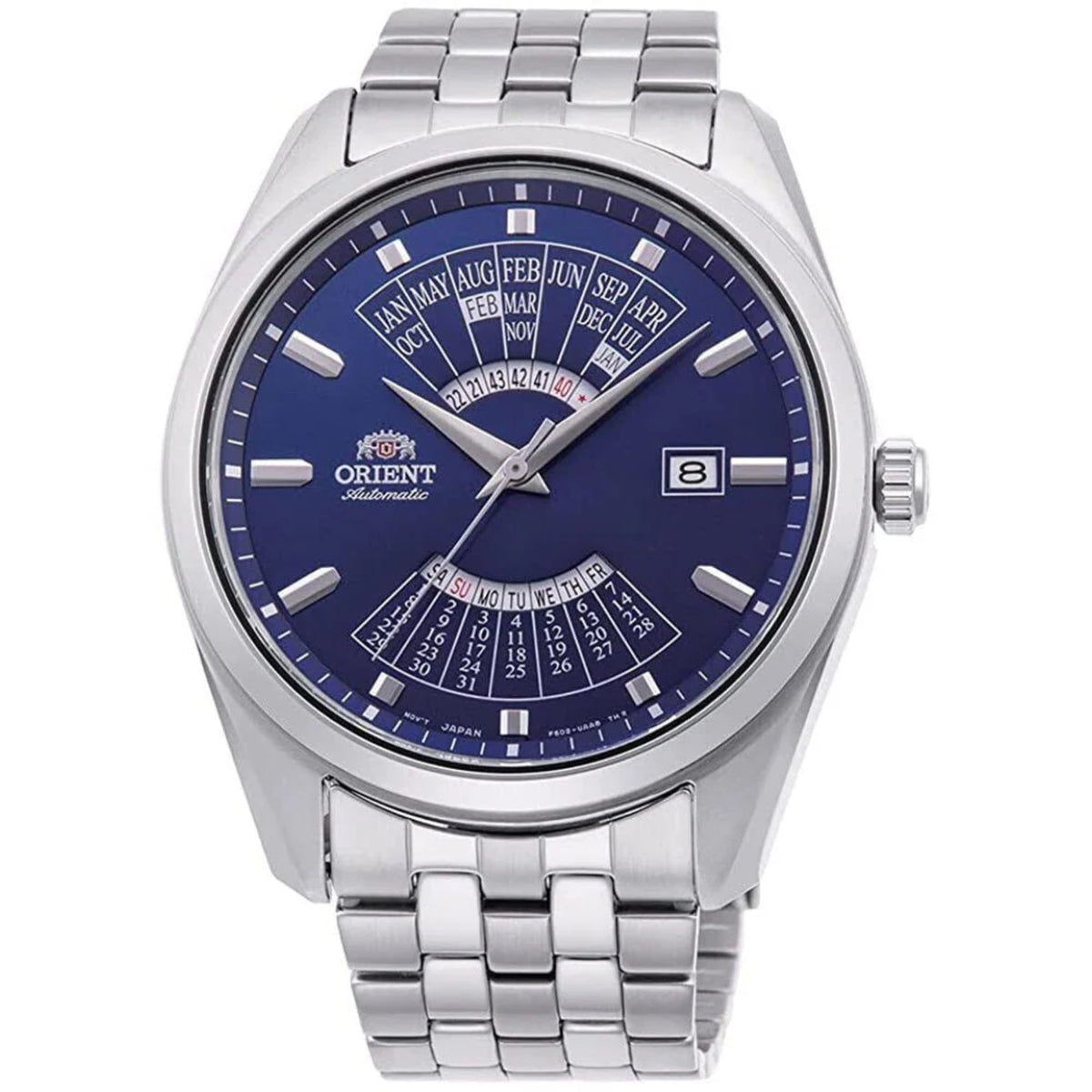 Men's automatic wristwatch with blue dial and silver steel bracelet, round case