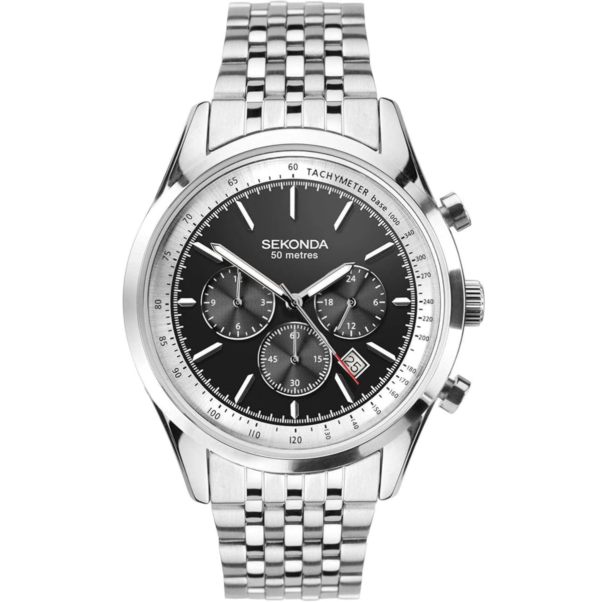 Men’s silver steel chronograph wristwatch with black dial and tachymeter bezel, link bracelet
