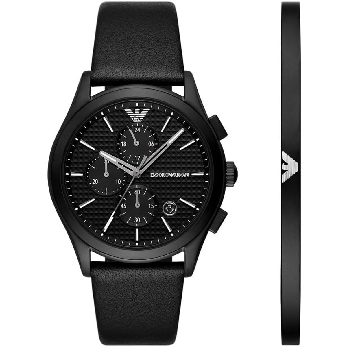 Black chronograph wristwatch with leather strap and black dial, 42mm case