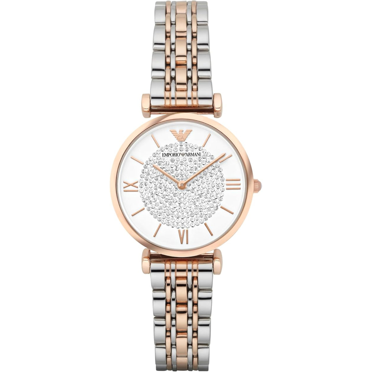 Emporio Armani Gianni T-BAR Quartz White Crystal Pave Dial Steel Strap Ladies Watch AR1926