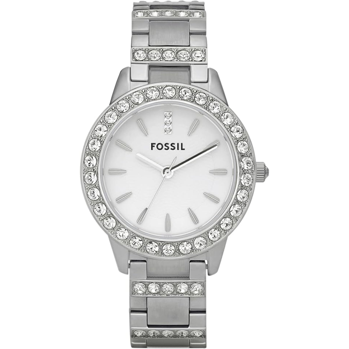 Front view of the Fossil Jesse ES2362 stainless steel watch showing a silver dial, crystal-embellished bezel, and stone-set link bracelet