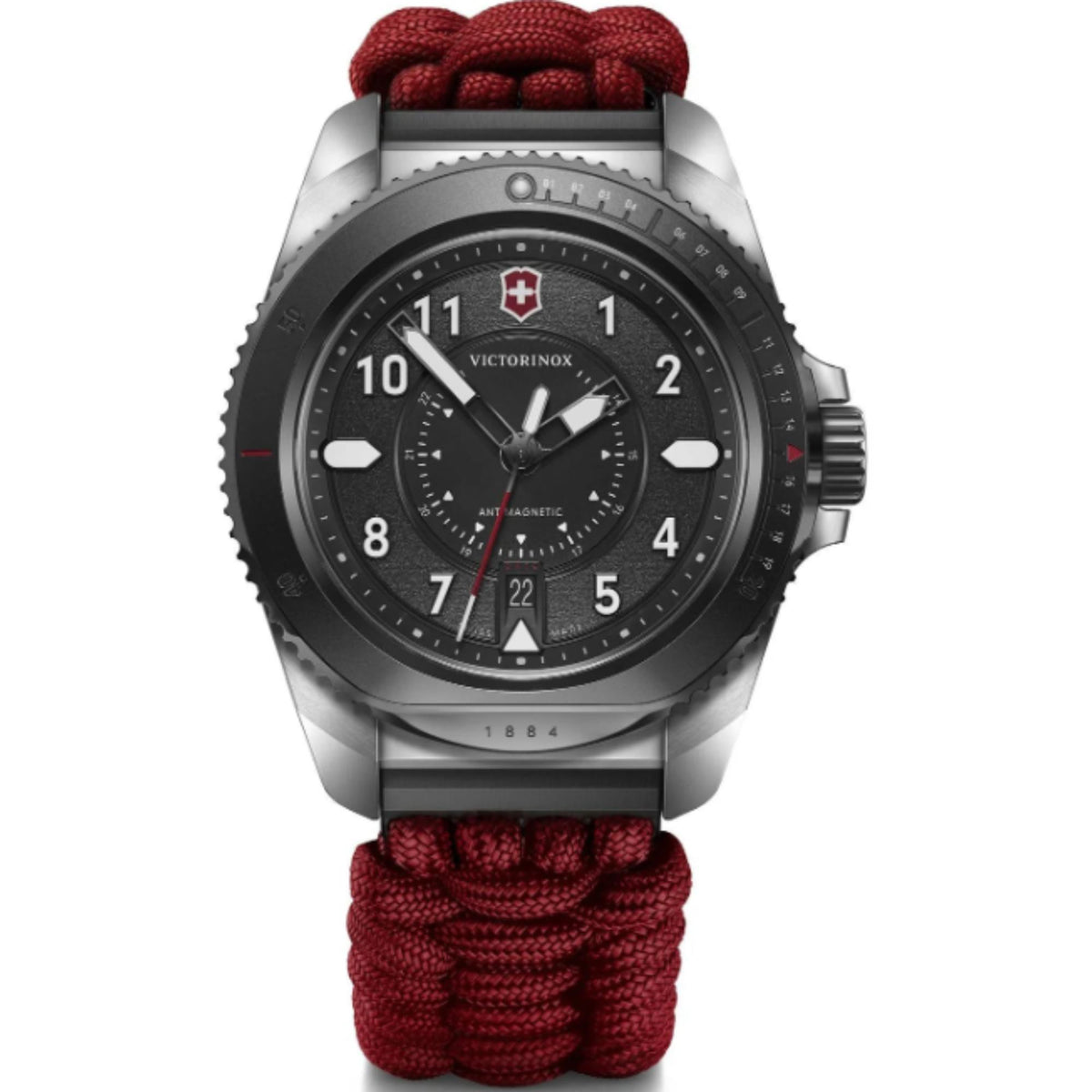 Men’s quartz wristwatch with black dial, steel case, and red paracord strap.