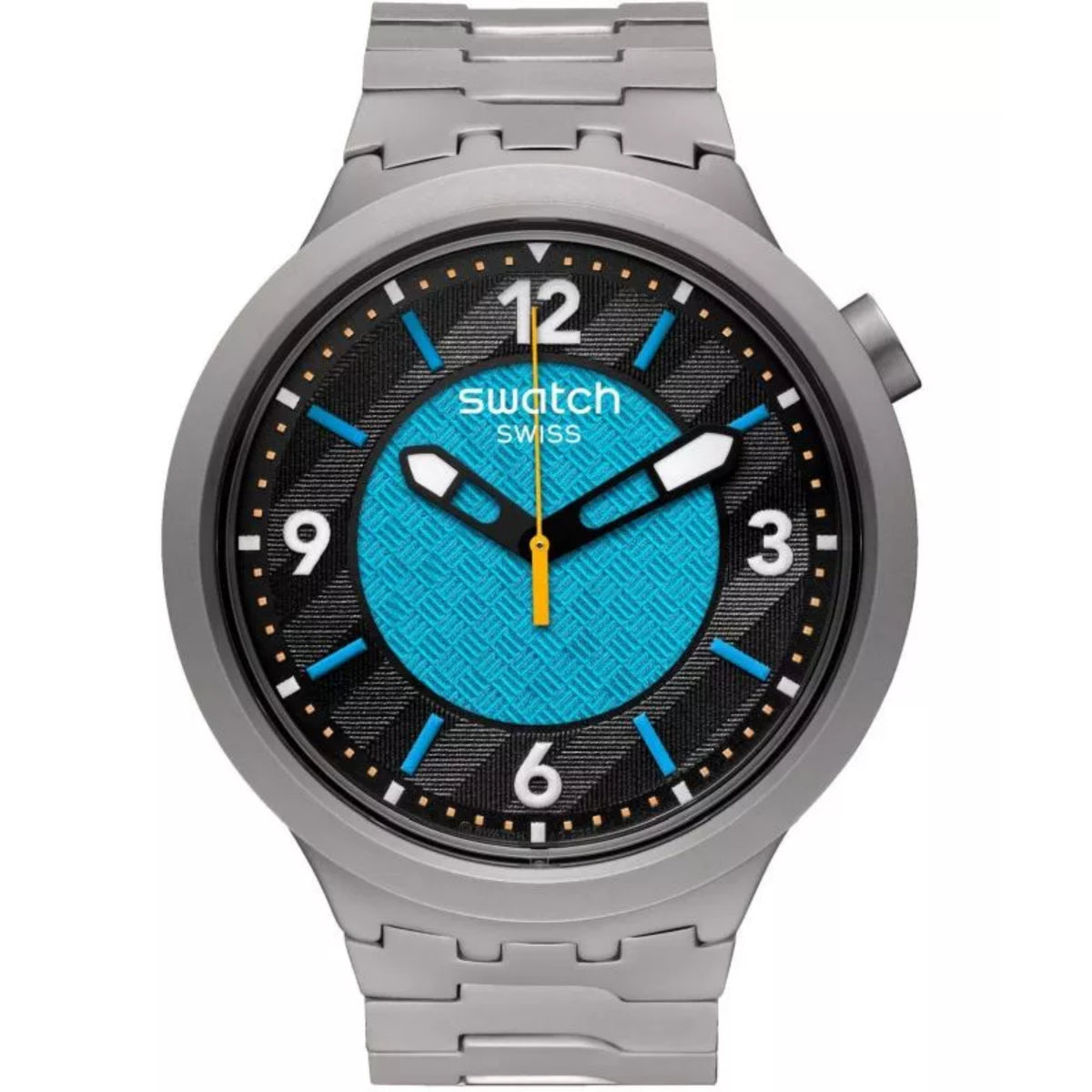 Steel wristwatch with black dial, turquoise center, blue hour markers, and link bracelet.