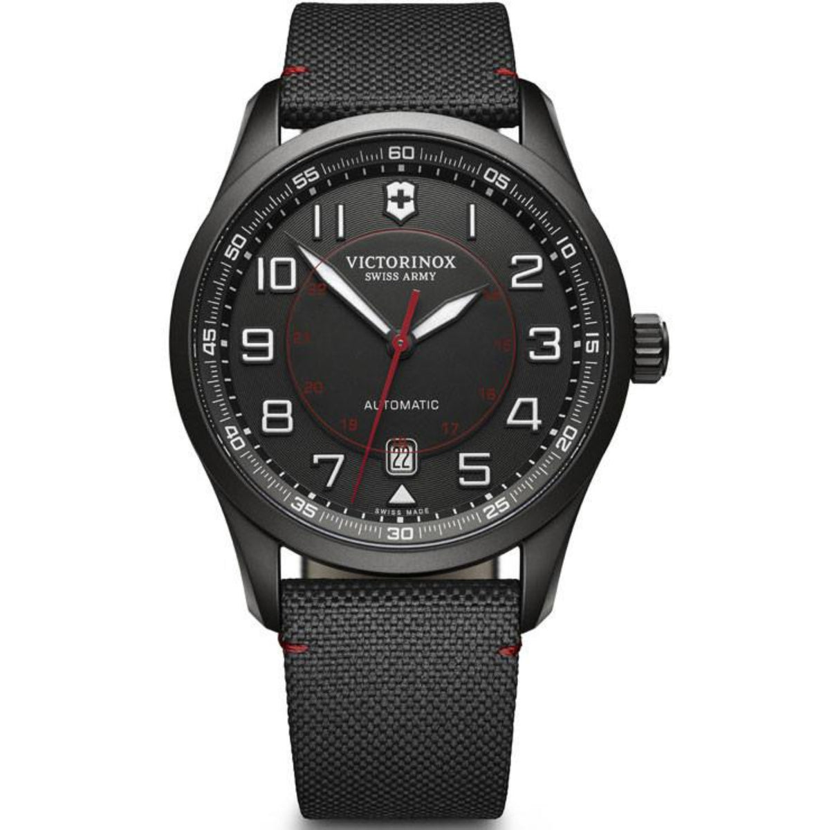 Black dial 42mm automatic mens watch with fabric strap, round bezel, red second hand