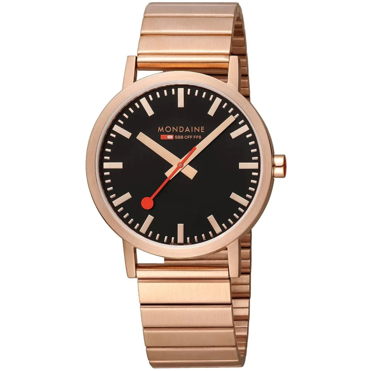 Mondaine Classic A660.30360.16SBR front studio shot revealing black dial layout and steel strap