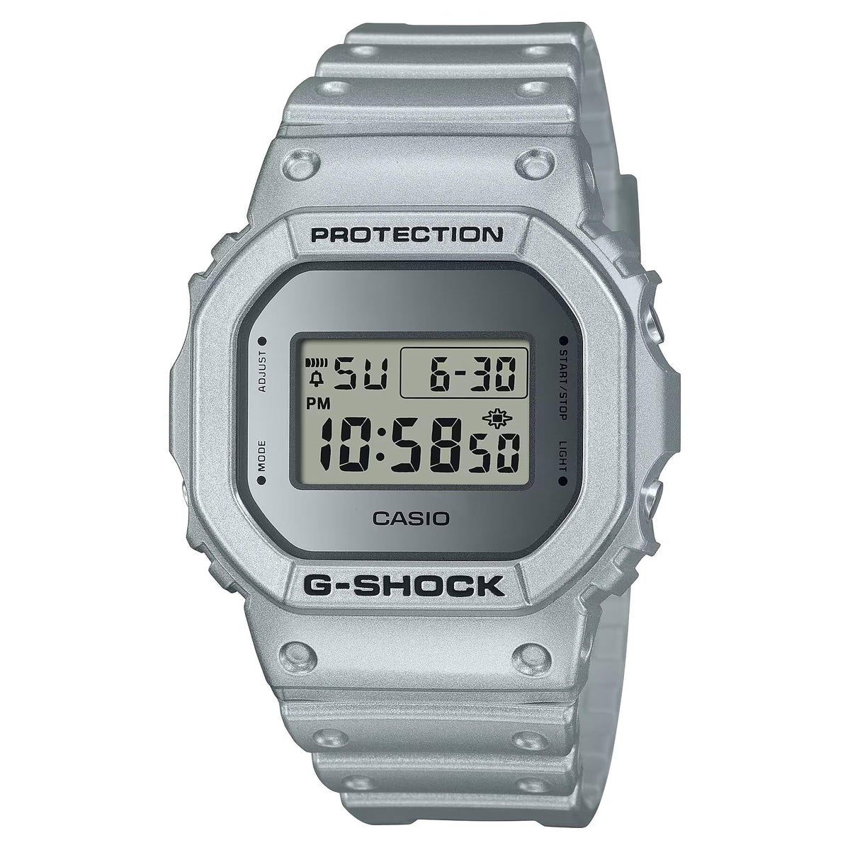 Metallic silver digital G-Shock wristwatch with rectangular LCD and four side buttons