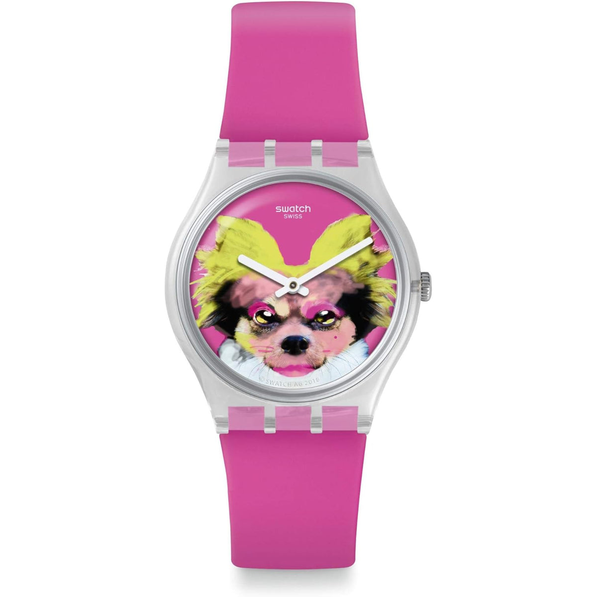 Girls pink silicone strap watch with round silver case and dog face dial