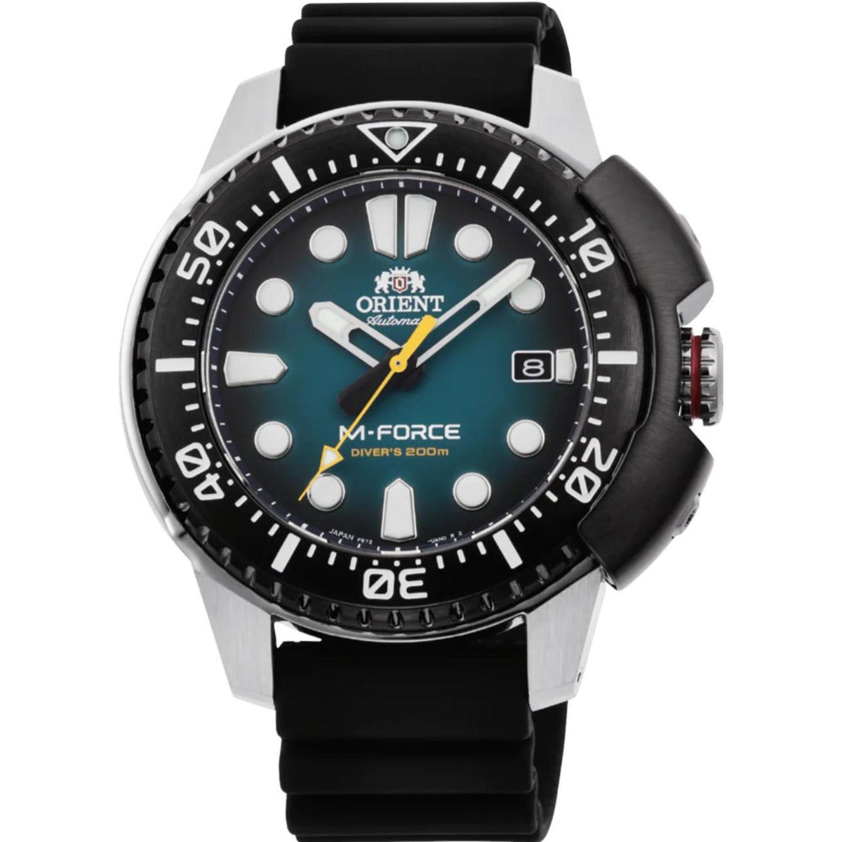 Men's automatic diver watch with turquoise dial, black bezel, black rubber strap