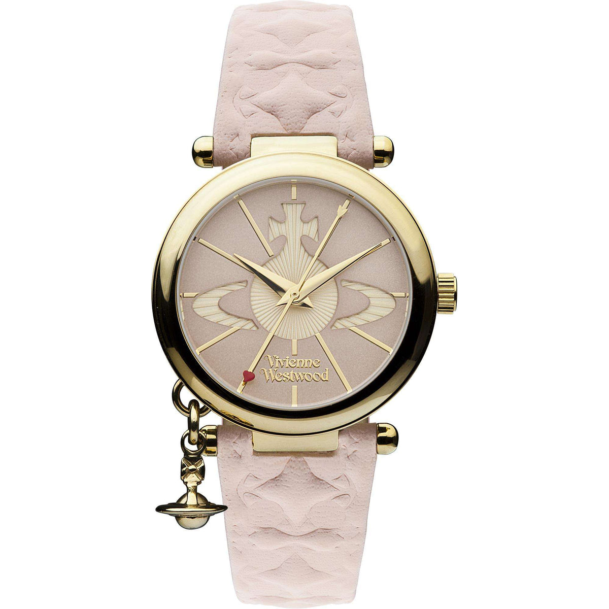 Vivienne Westwood Orb II VV006PKPK ladies quartz watch featuring a pink dial, pink leather strap, and hanging charm