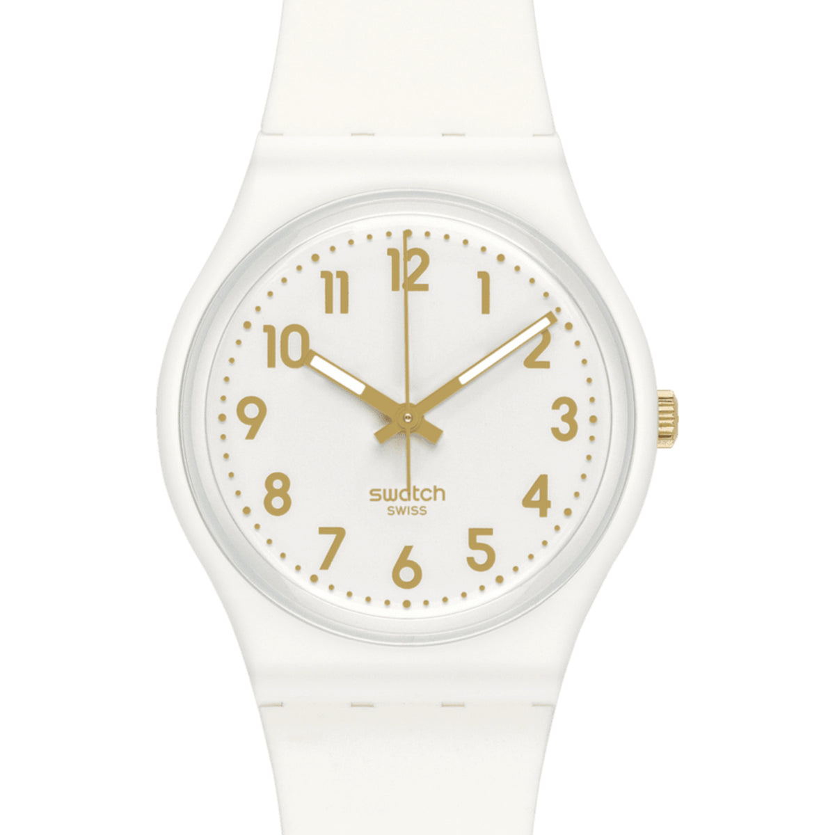 White dial wristwatch with gold markers, three hands, white silicone strap and side crown