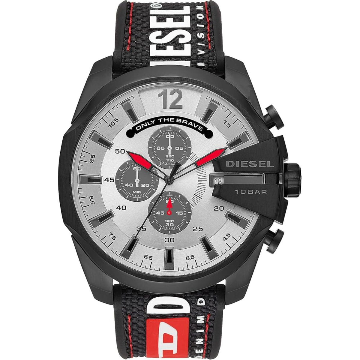 Men's chronograph watch with black case, silver dial, red accents, black fabric strap