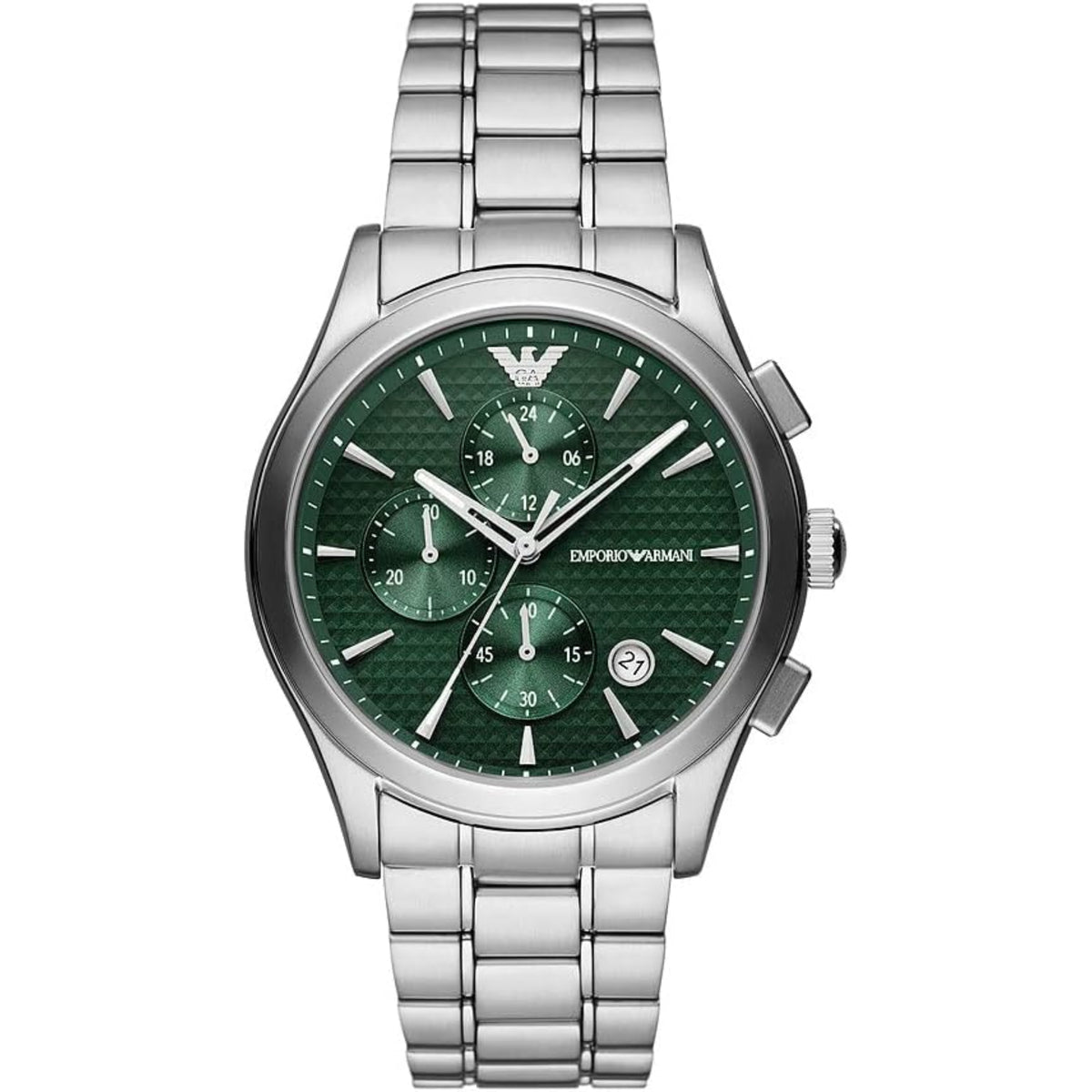 Men's chronograph watch with green dial, silver-tone metal bracelet and bezel