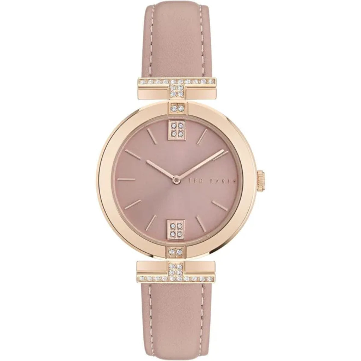 Pink dial round ladies watch with pink leather strap and crystal bezel accents