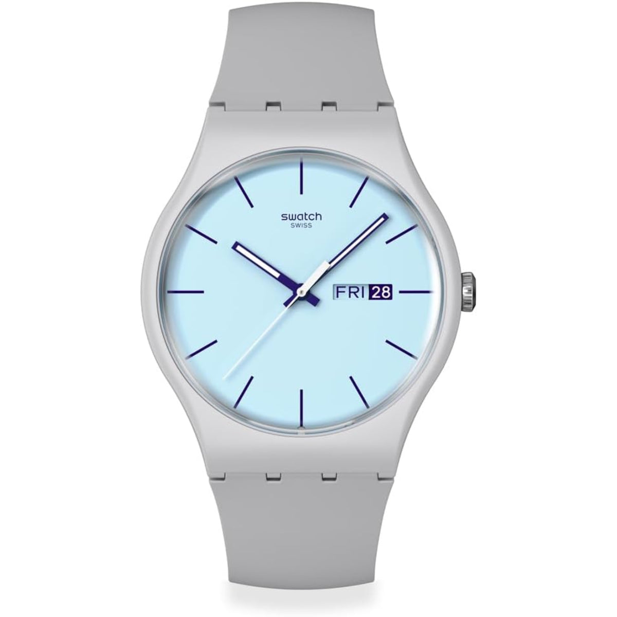 Blue dial quartz watch with gray silicone strap, analog hands, and day-date display