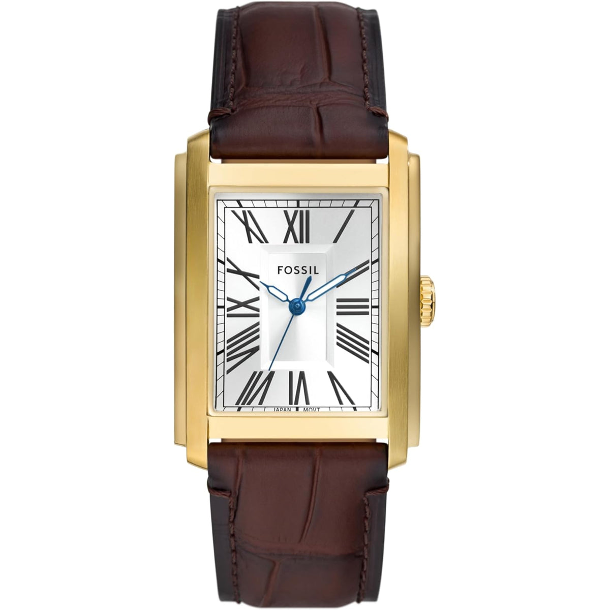 Fossil Carraway FS6011 mens quartz watch featuring a rectangular silver dial, gold-tone case, Roman numerals, blue hands, and brown leather strap