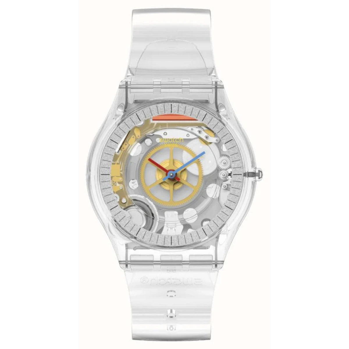 Clear dial quartz watch with transparent polymer strap and yellow-accent skeleton movement