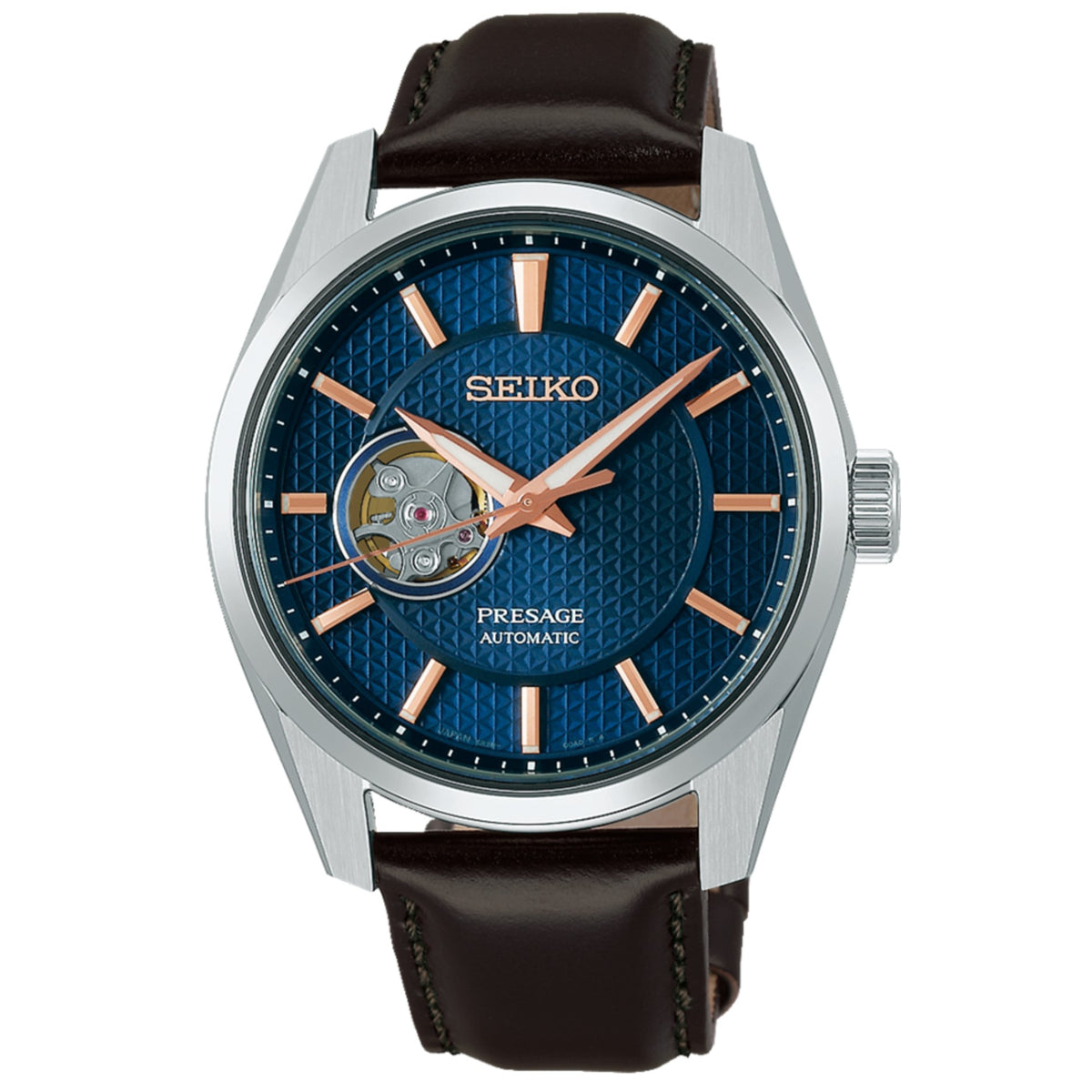 Seiko Presage automatic watch, blue textured dial, rose-gold hands, brown leather strap