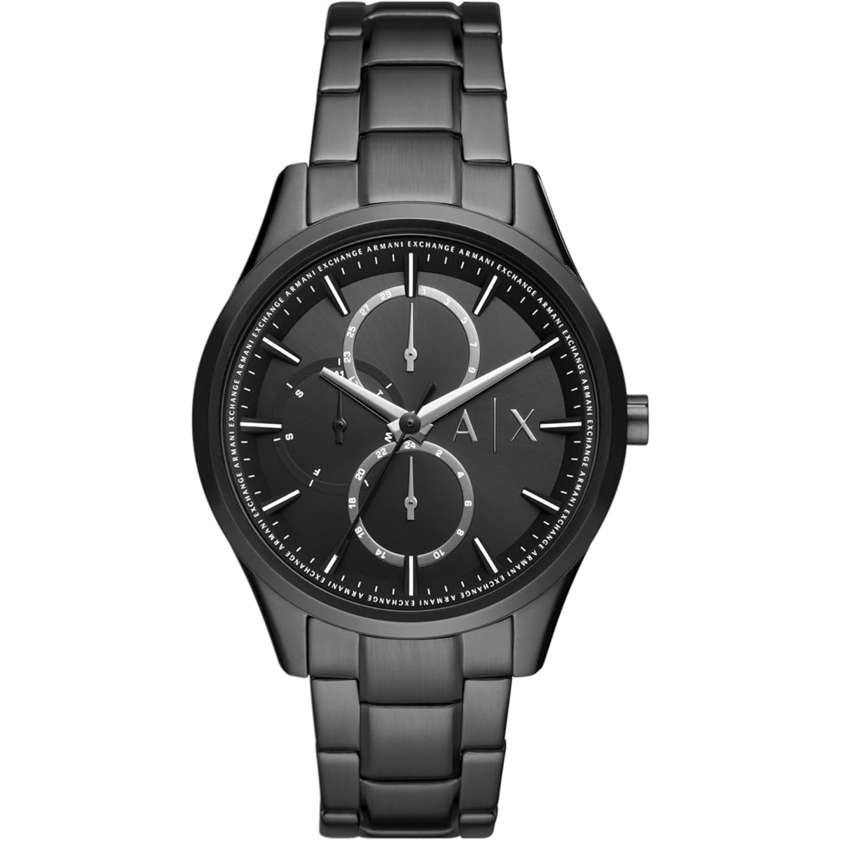Men's black chronograph quartz watch with black dial and stainless steel bracelet