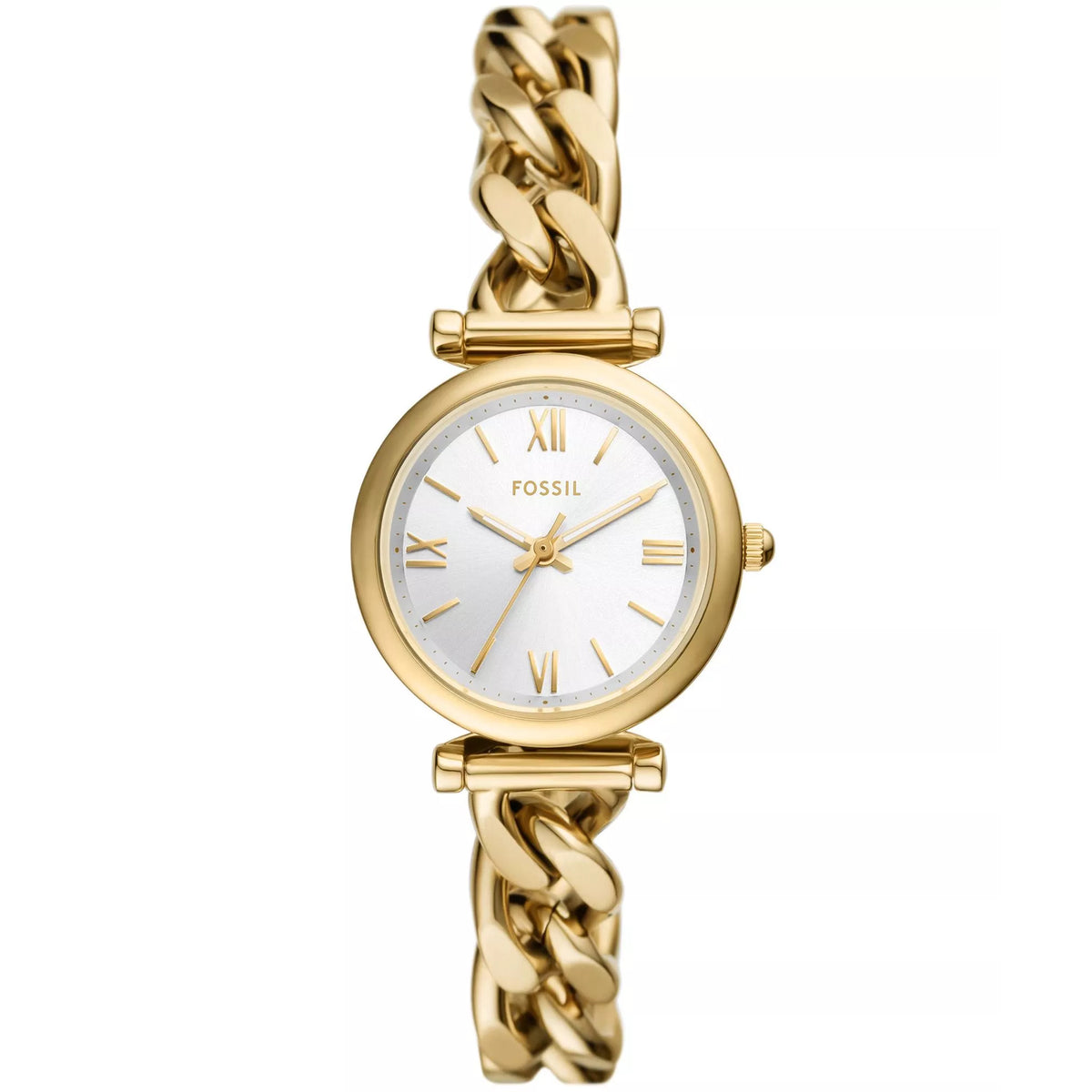 Fossil Carlie ES5329 ladies quartz watch with a round silver dial, gold-tone case, and matching chain-link bracelet