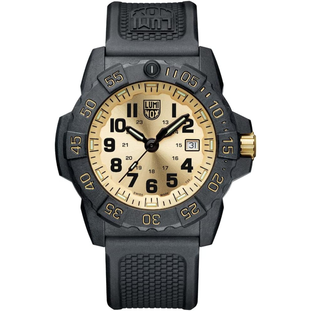 Men's dive watch front view: dark rubber strap, gold bezel, cream dial, date window