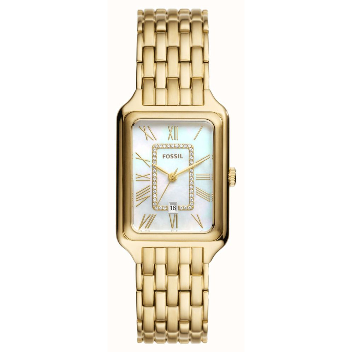 Front view of the Fossil Raquel ES5304 ladies watch featuring a rectangular gold-tone case, white mother of pearl dial, crystal inner ring, and gold-tone link bracelet