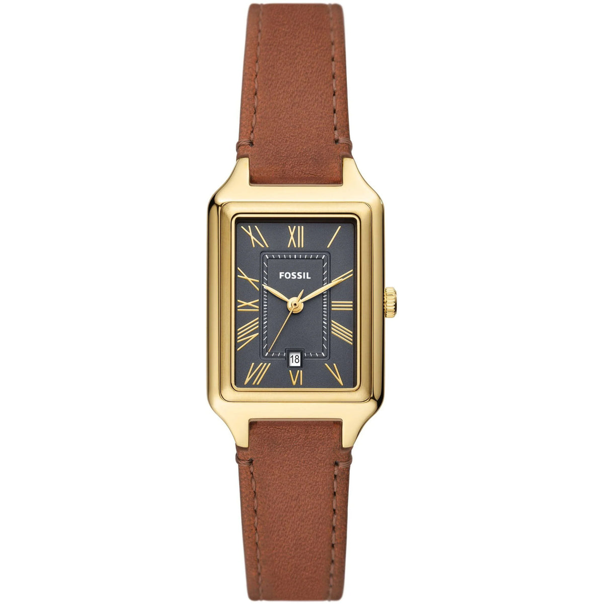 Fossil Raquel ES5303 front view showing gray dial with rectangular case and leather strap