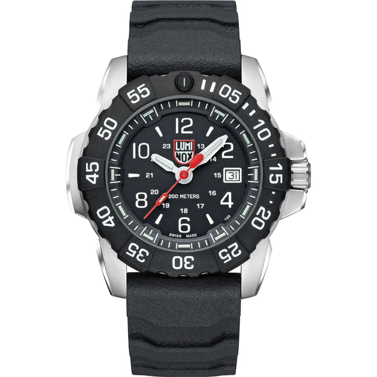 Luminox Navy SEAL XS.3251.CB front view featuring black dial, rotating bezel, and black rubber strap