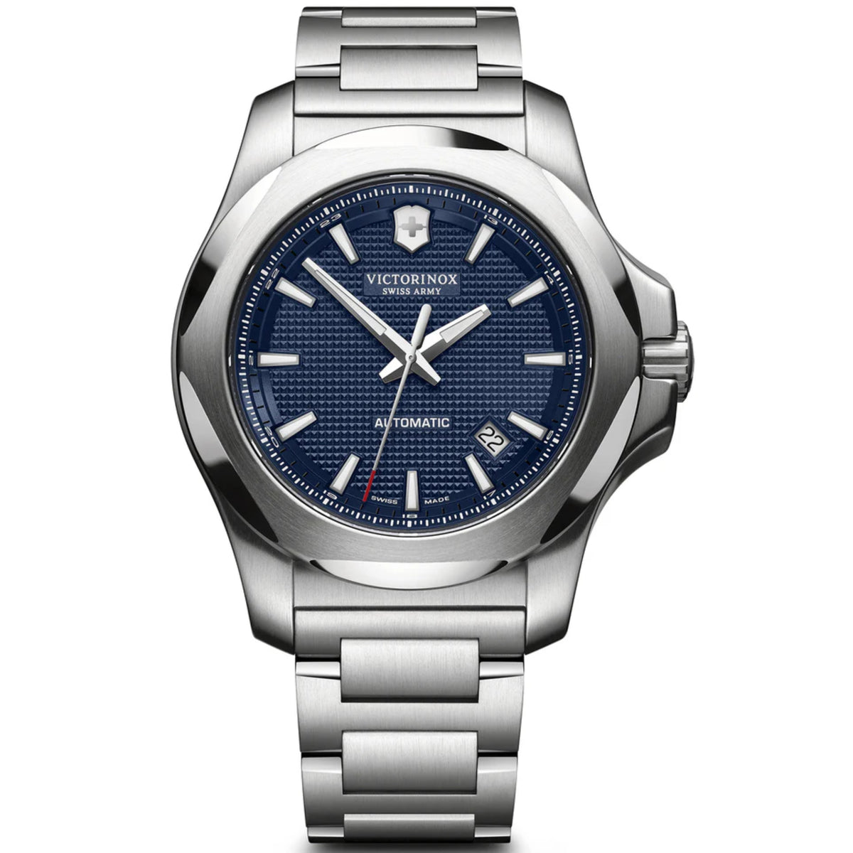 Men's stainless steel bracelet watch with blue dial, silver hands and automatic markers