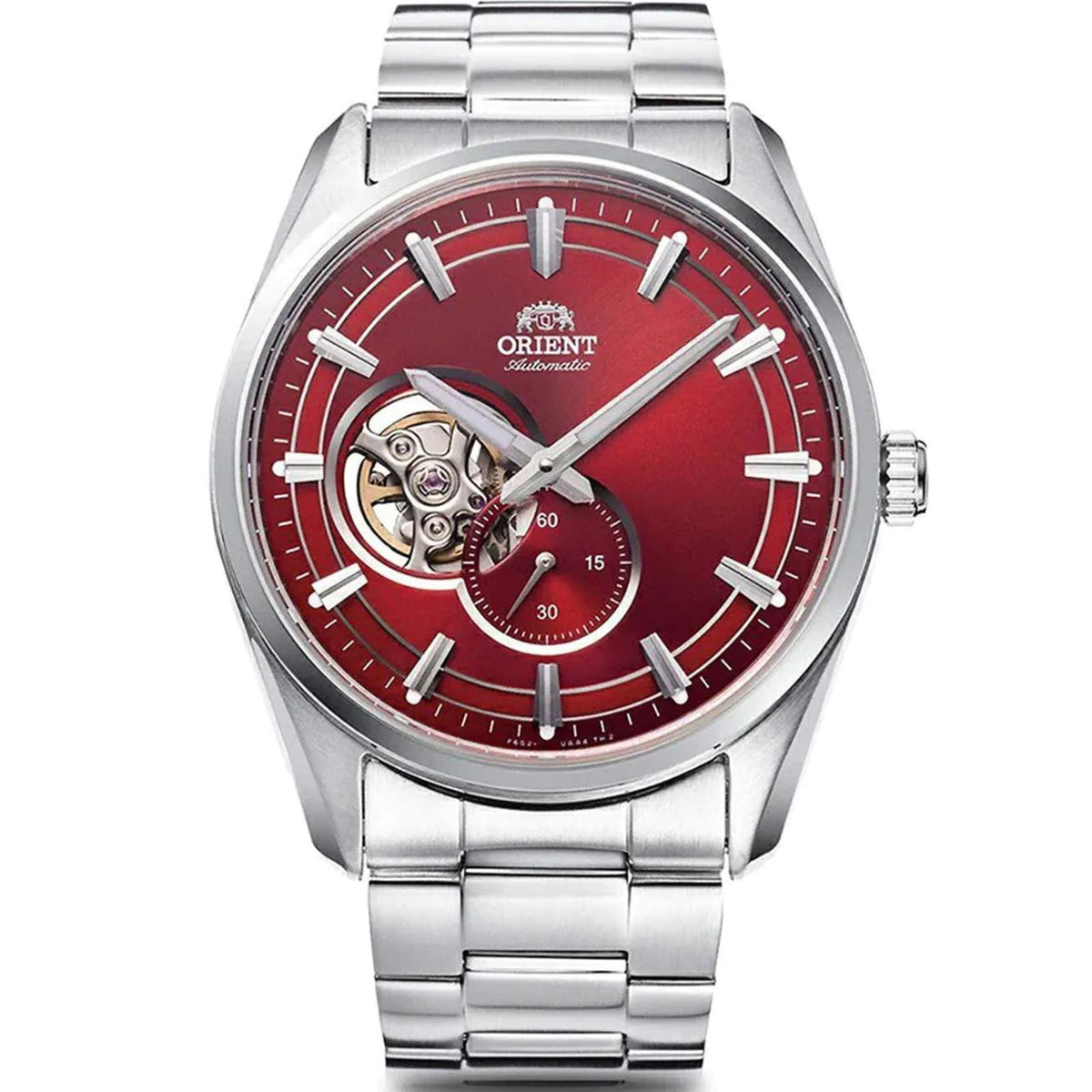 Men's Orient semi-skeleton automatic watch with red dial and steel bracelet