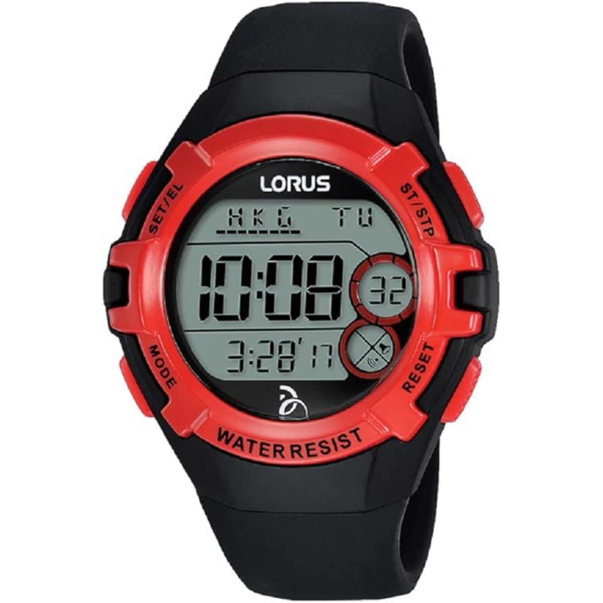Men's digital watch with black rubber strap, red bezel, LCD time display