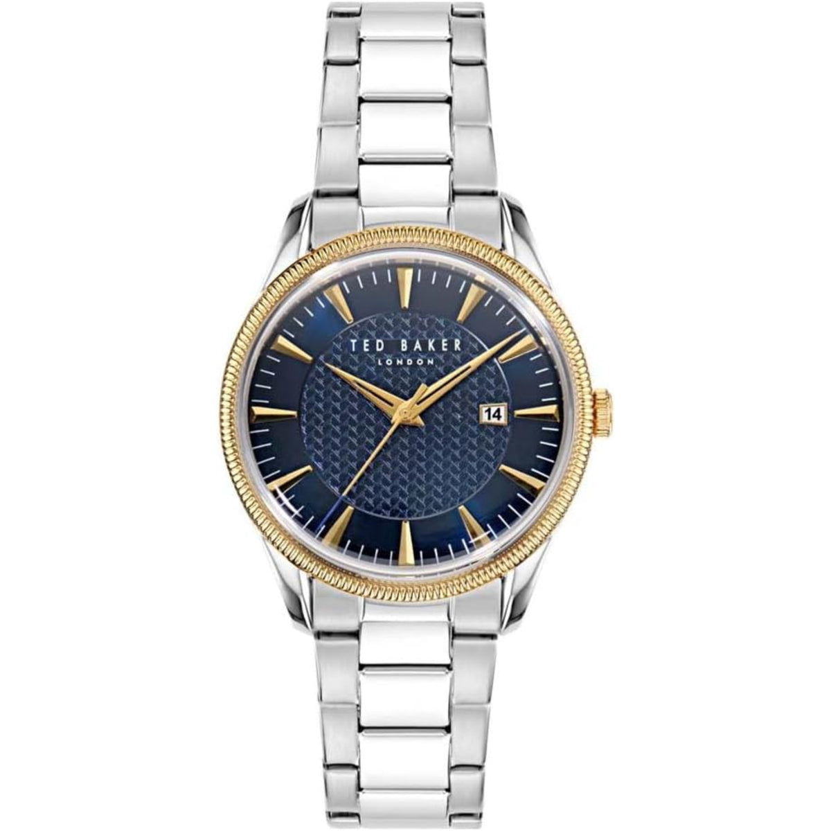 Men's stainless steel watch with blue dial, gold bezel, and link bracelet, date window at 14