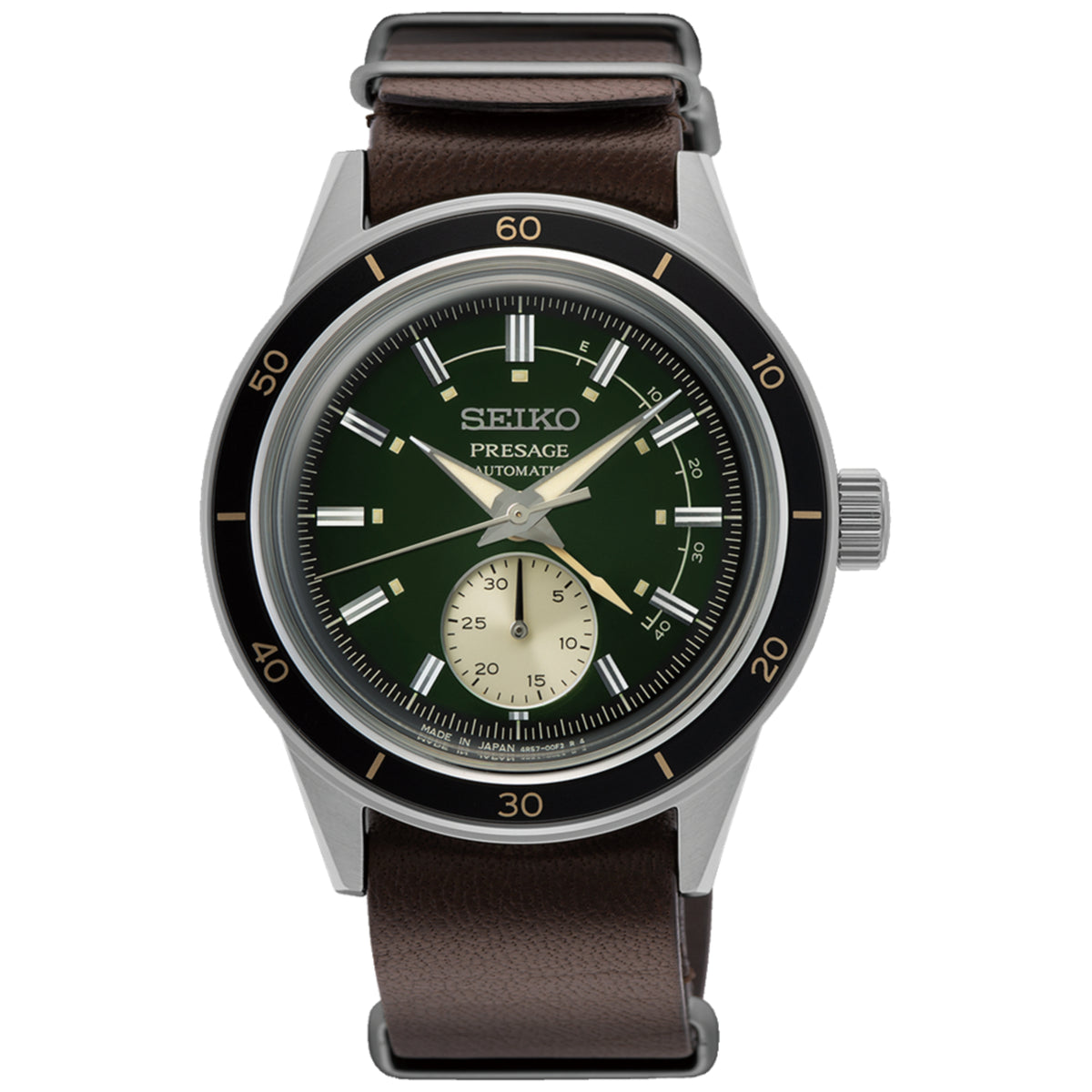 Men's automatic watch with green dial, silver case, brown leather strap