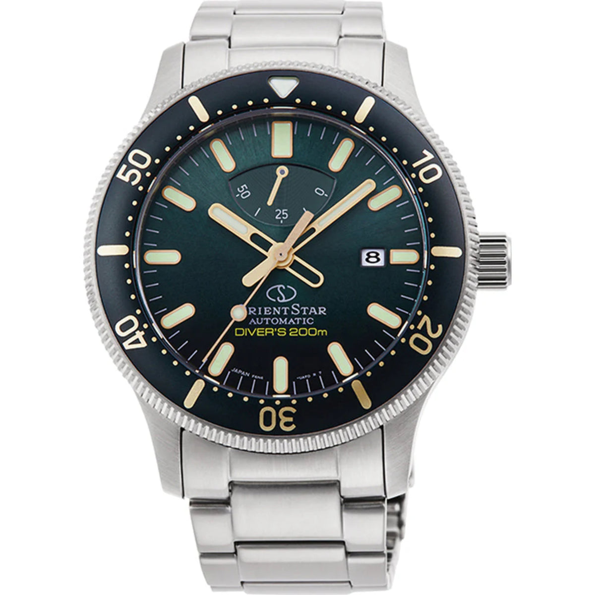 Steel automatic diver watch with dark green dial, gold hands, black bezel, metal bracelet