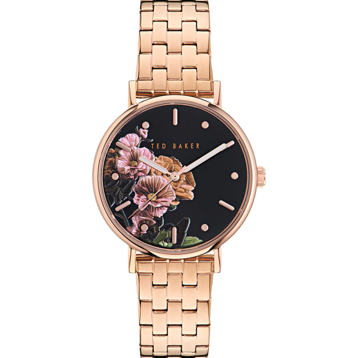 Rose gold-tone ladies wrist watch with black floral dial, rose hands, metal link bracelet