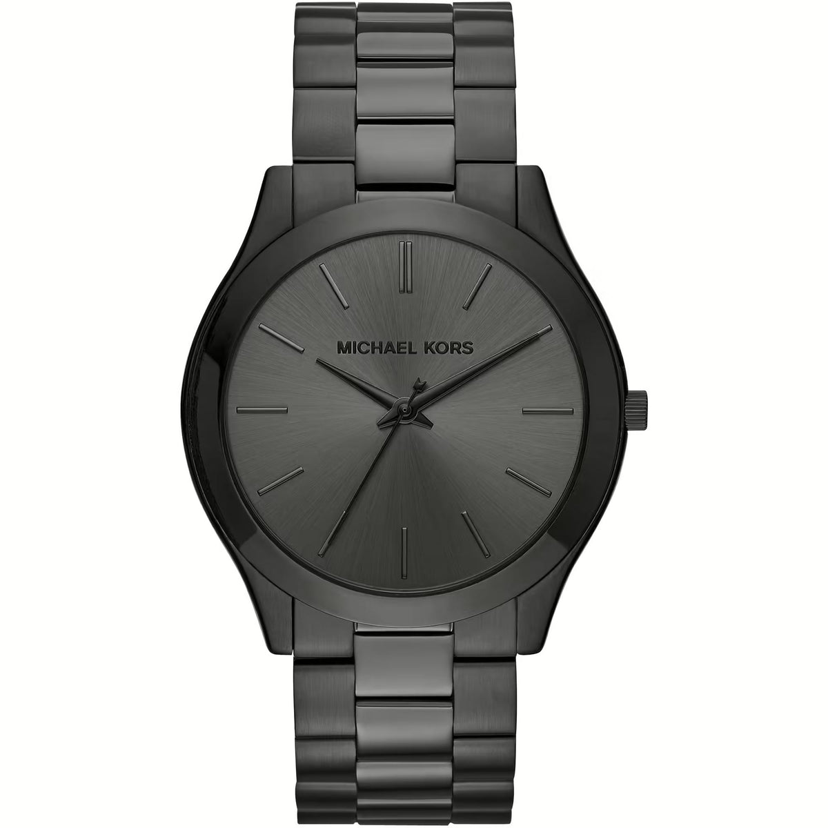 Michael Kors Slim Runway MK8507 mens watch front view showing a round black dial with matching stick baton hour markers, smooth bezel, and ion-plated steel link bracelet