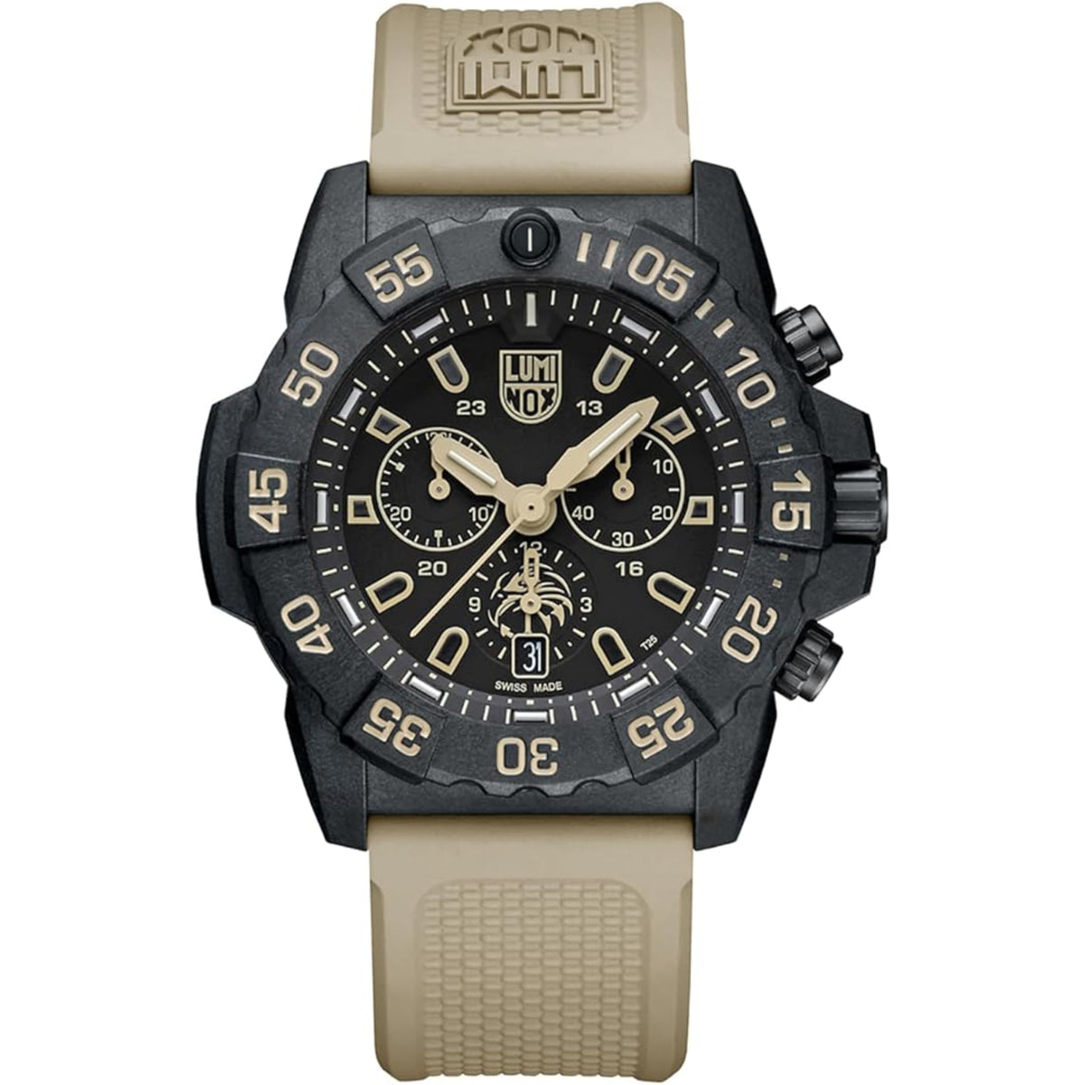 Luminox chronograph watch with black dial, gold accents, and tan rubber strap