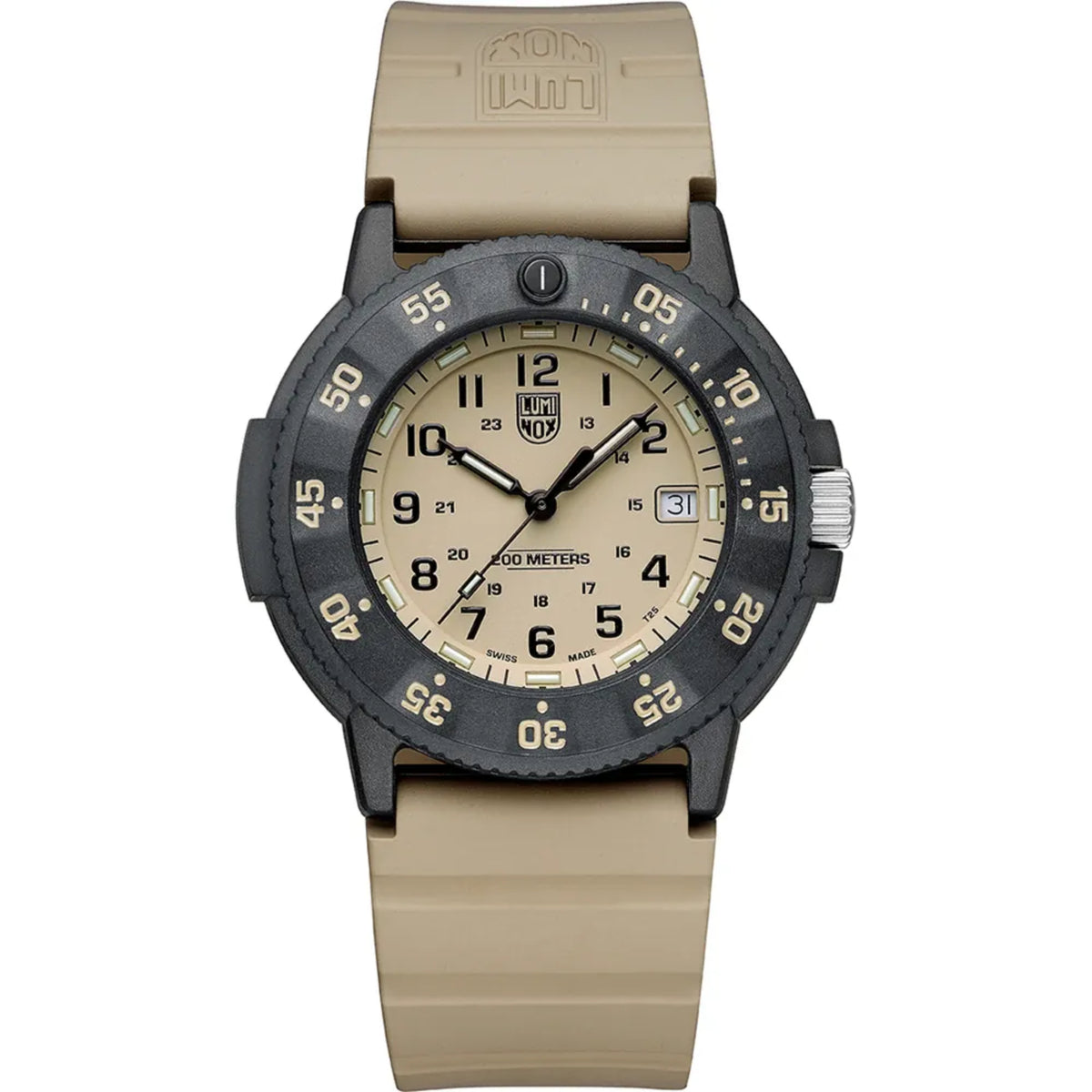 Front view of the Luminox Sea Original Navy SEAL 3000 Evo XS.3010.EVO.S watch with a beige dial and tan strap