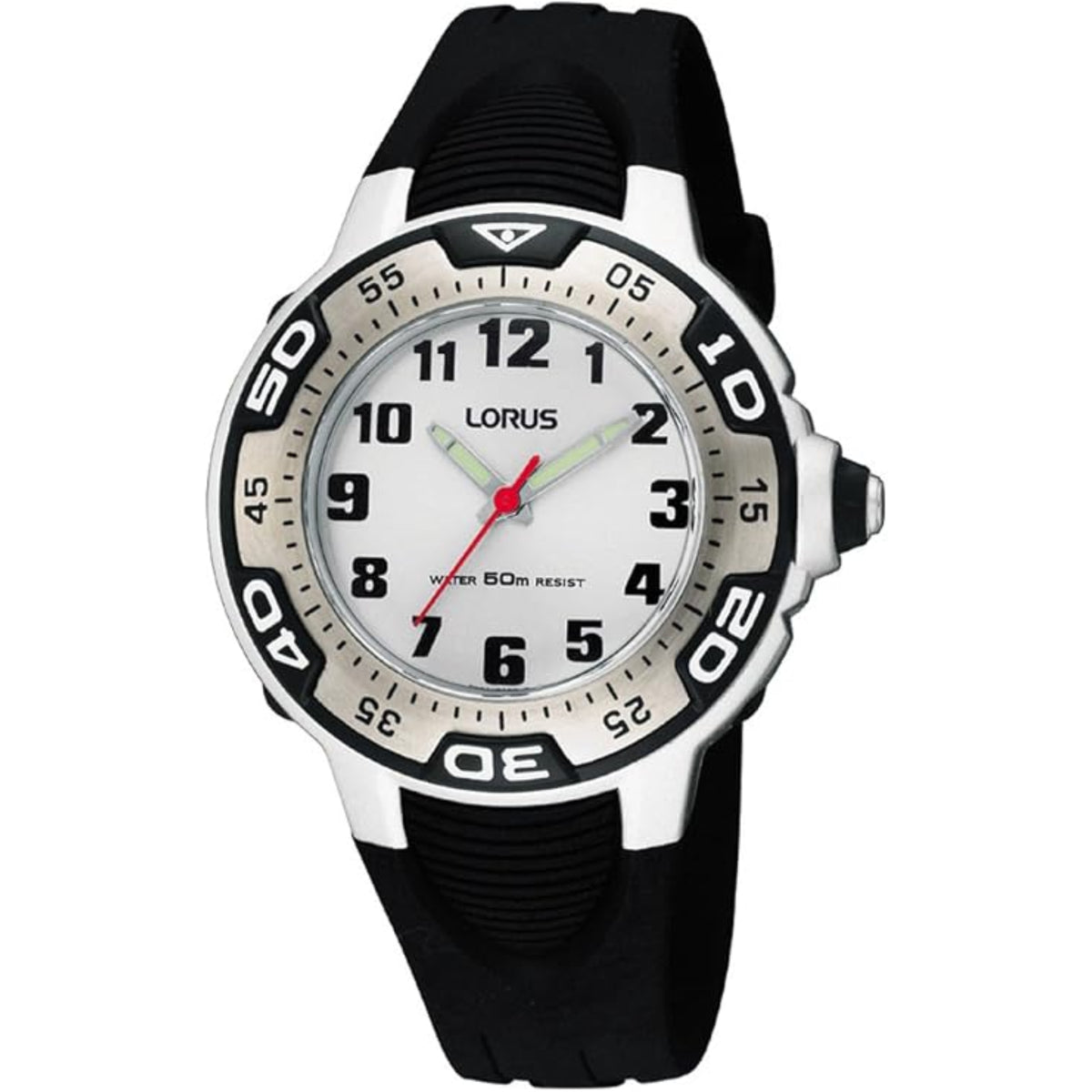 Lorus men's black rubber strap watch with white dial, red second hand, black bezel