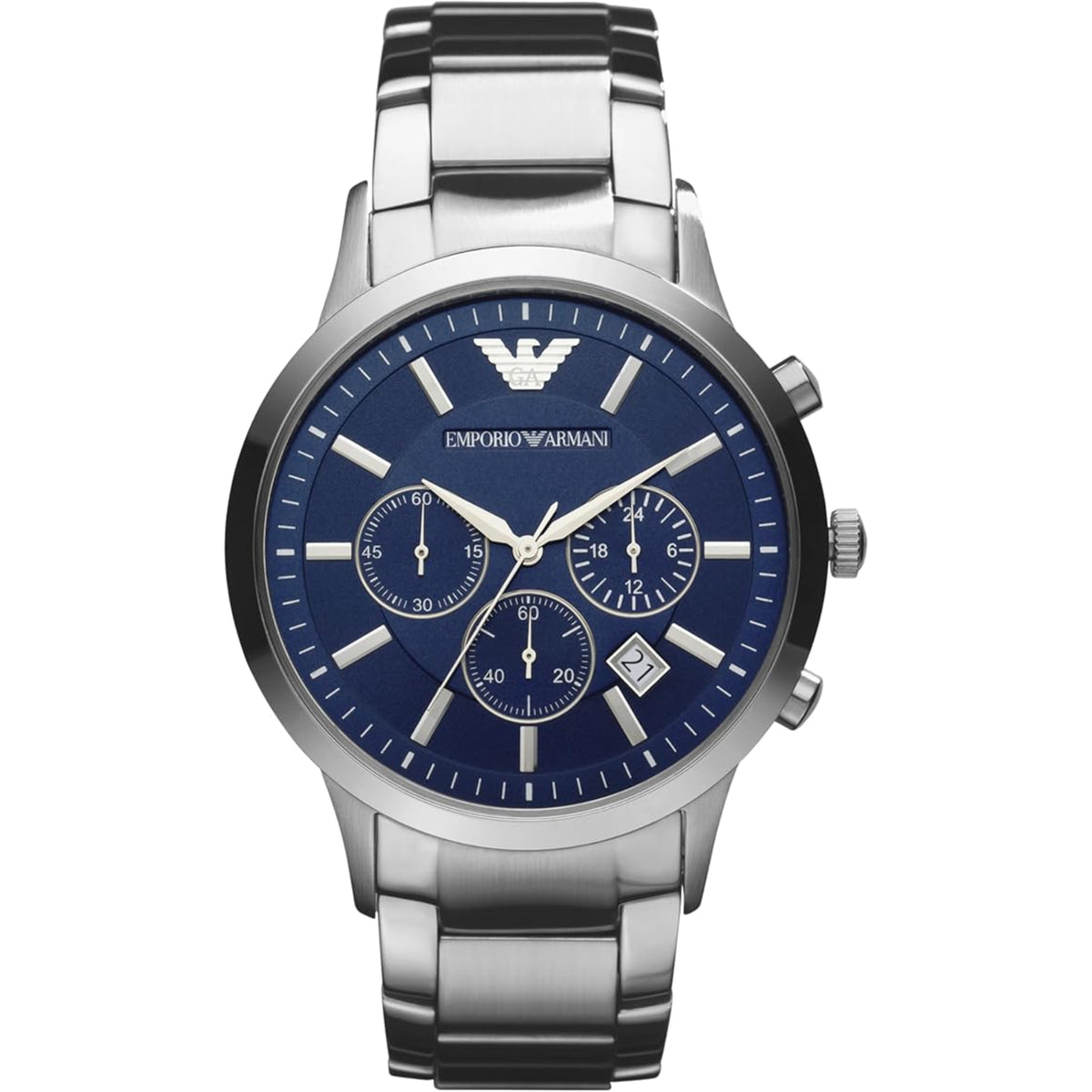 Emporio Armani Renato AR2448 front view showing blue dial with sub-dials, date display window, and steel bracelet