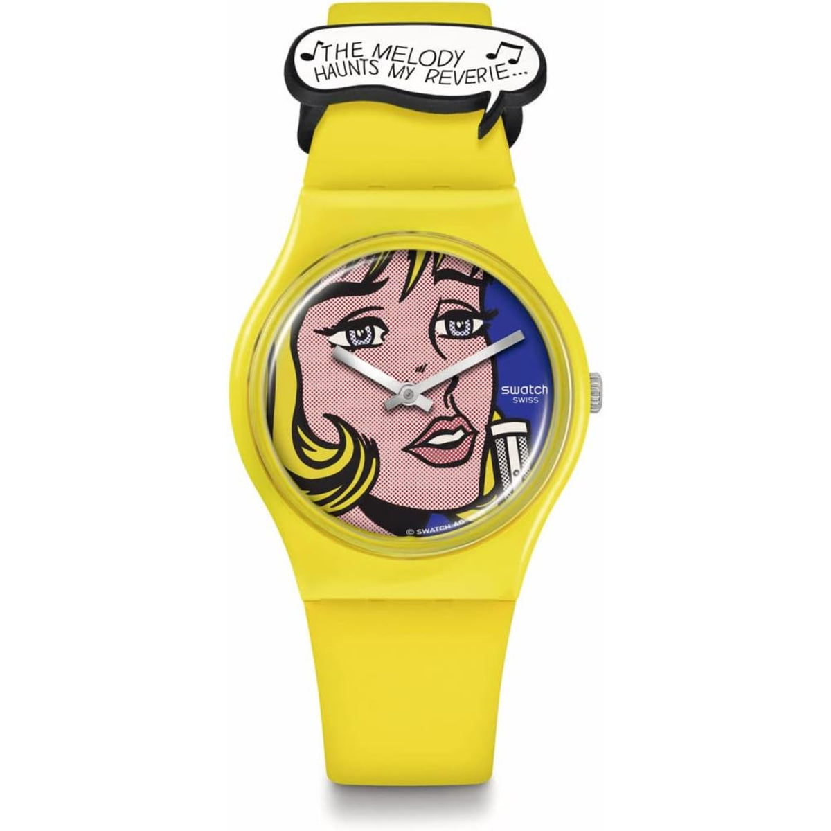 Yellow Swatch wristwatch with oval pop-art face, black logo band, silver hands