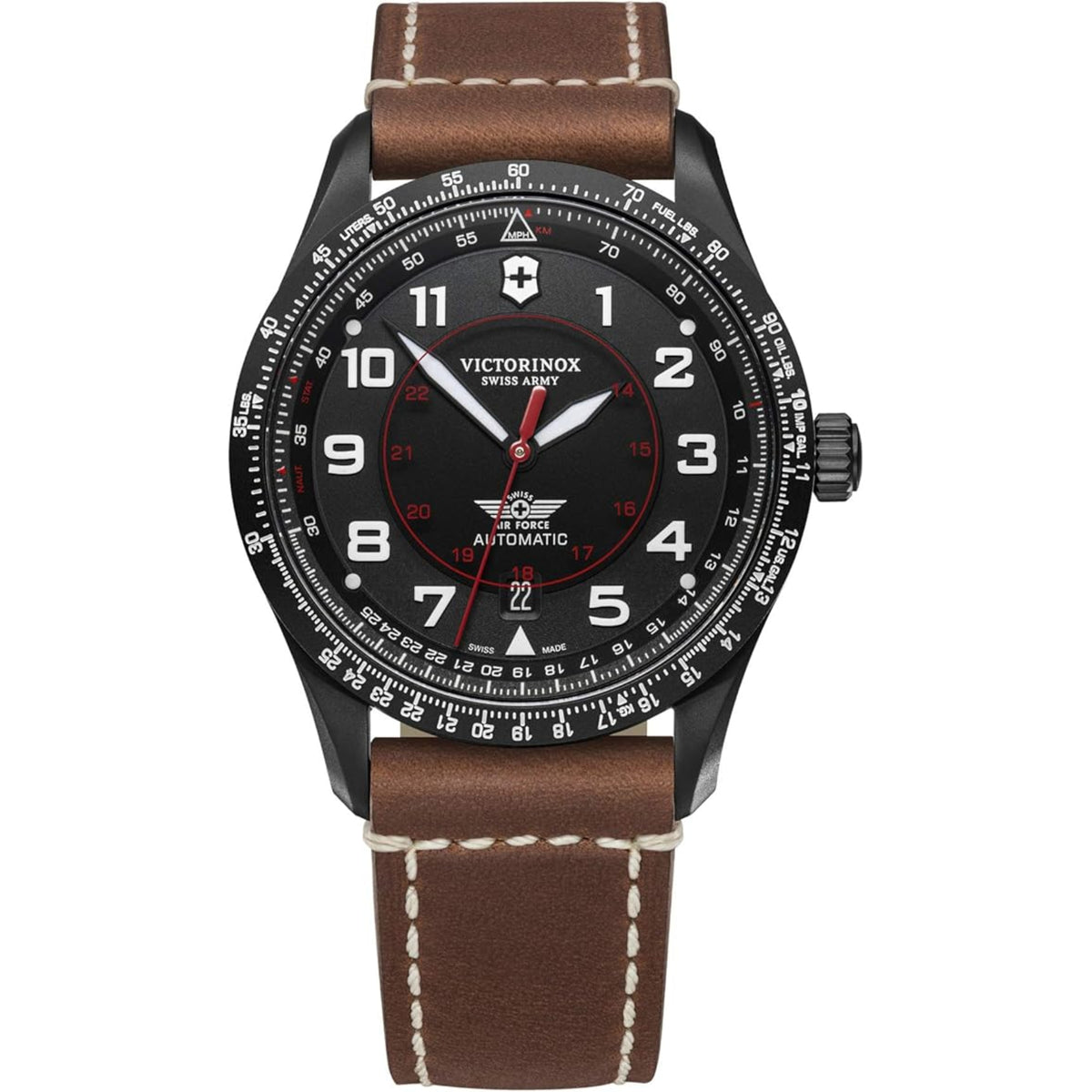 Men's mechanical watch with black dial, red accents, and brown leather strap.