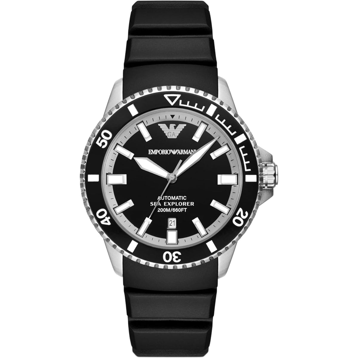 Emporio Armani Sea Explorer AR60078 mens quartz watch featuring a black dial, silver-tone stainless steel case, and black silicone strap