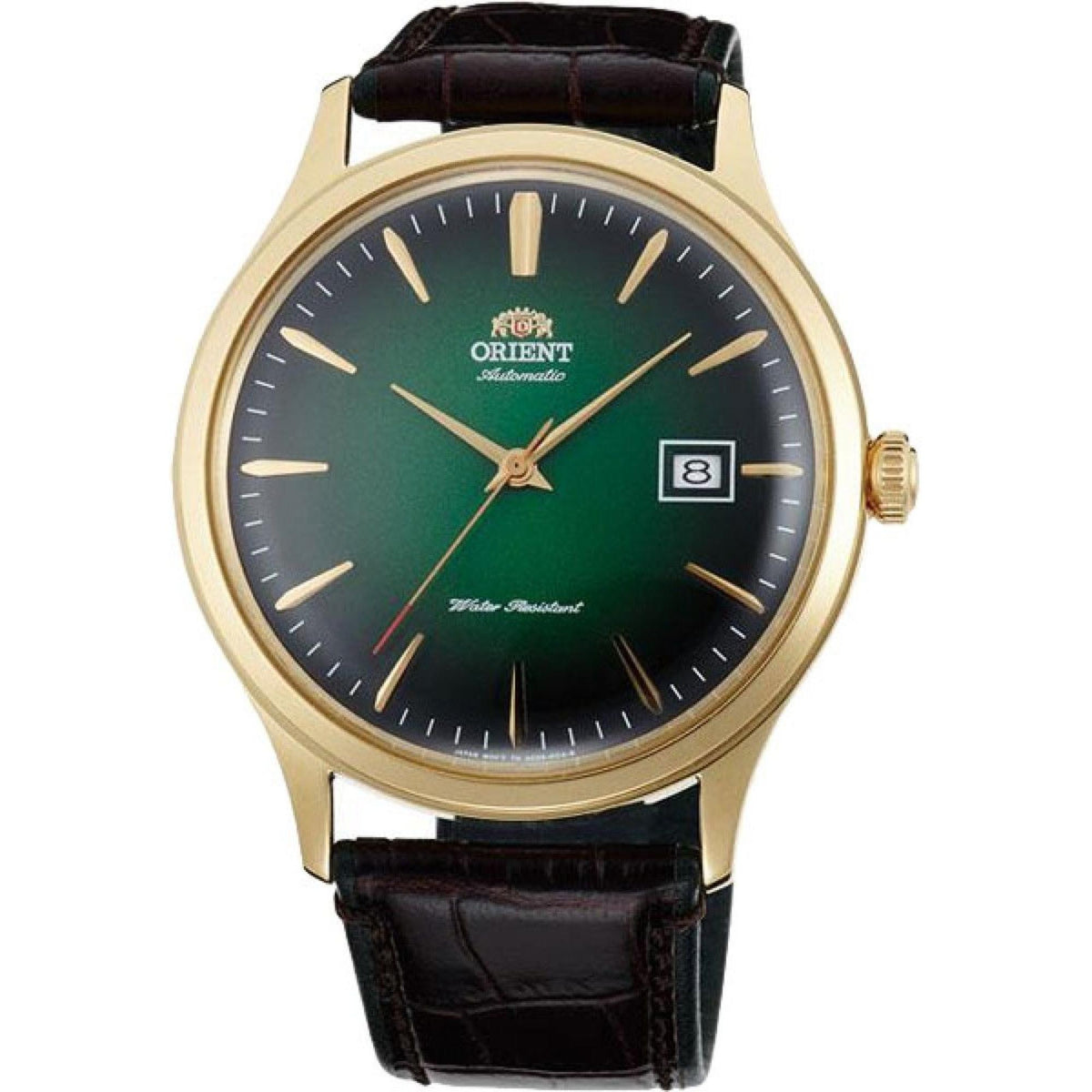 Orient Bambino automatic watch with green dial and dark brown leather strap