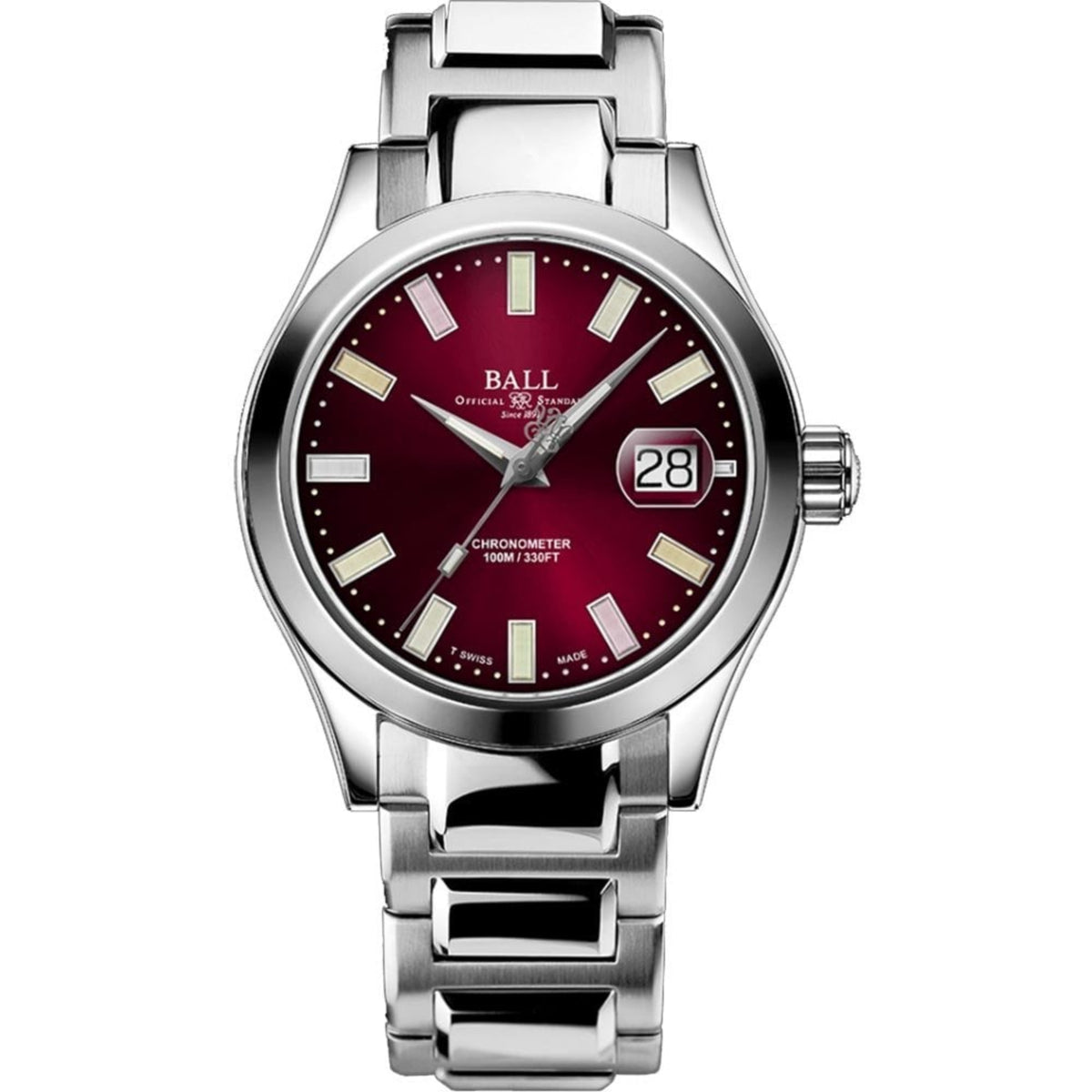 Men's steel wristwatch with red dial, luminous markers, and date window at 28.