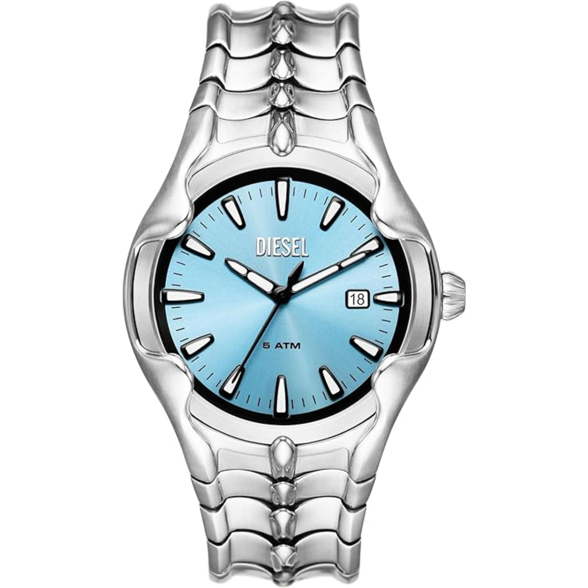 Men's stainless steel quartz watch with blue dial, black accents, and date window at 3 o'clock