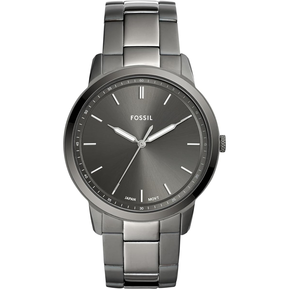 Front view of the Fossil Minimalist FS5459 mens quartz watch featuring a sunray grey dial, minimalist batons, and a gunmetal-tone steel bracelet