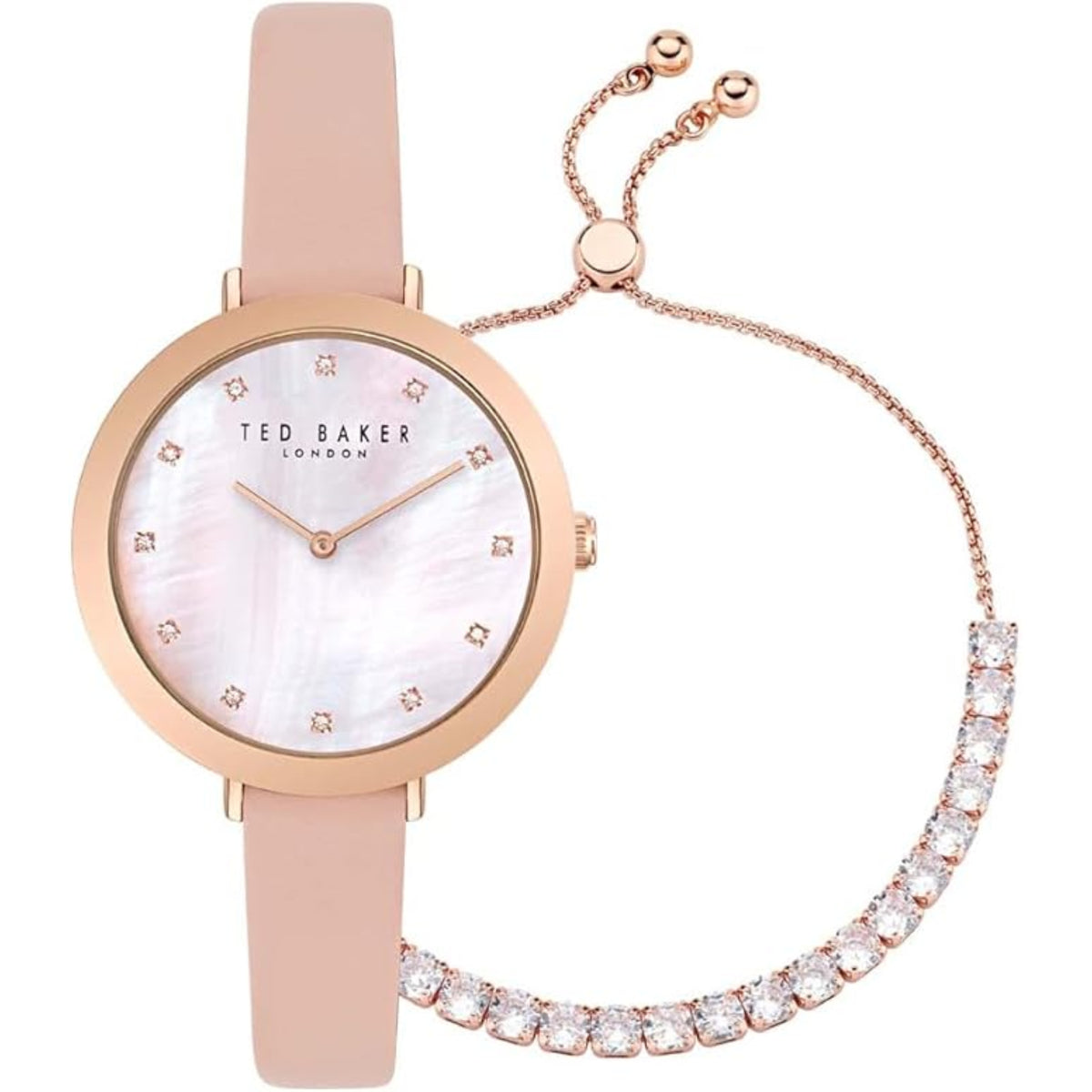 Ladies leather strap watch with pale pink band, gold-tone case, white dial, crystal bracelet